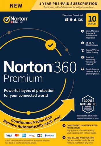 Norton 360 Premium EU Key (1 Year / 10 Devices) + 75 GB Cloud Storage